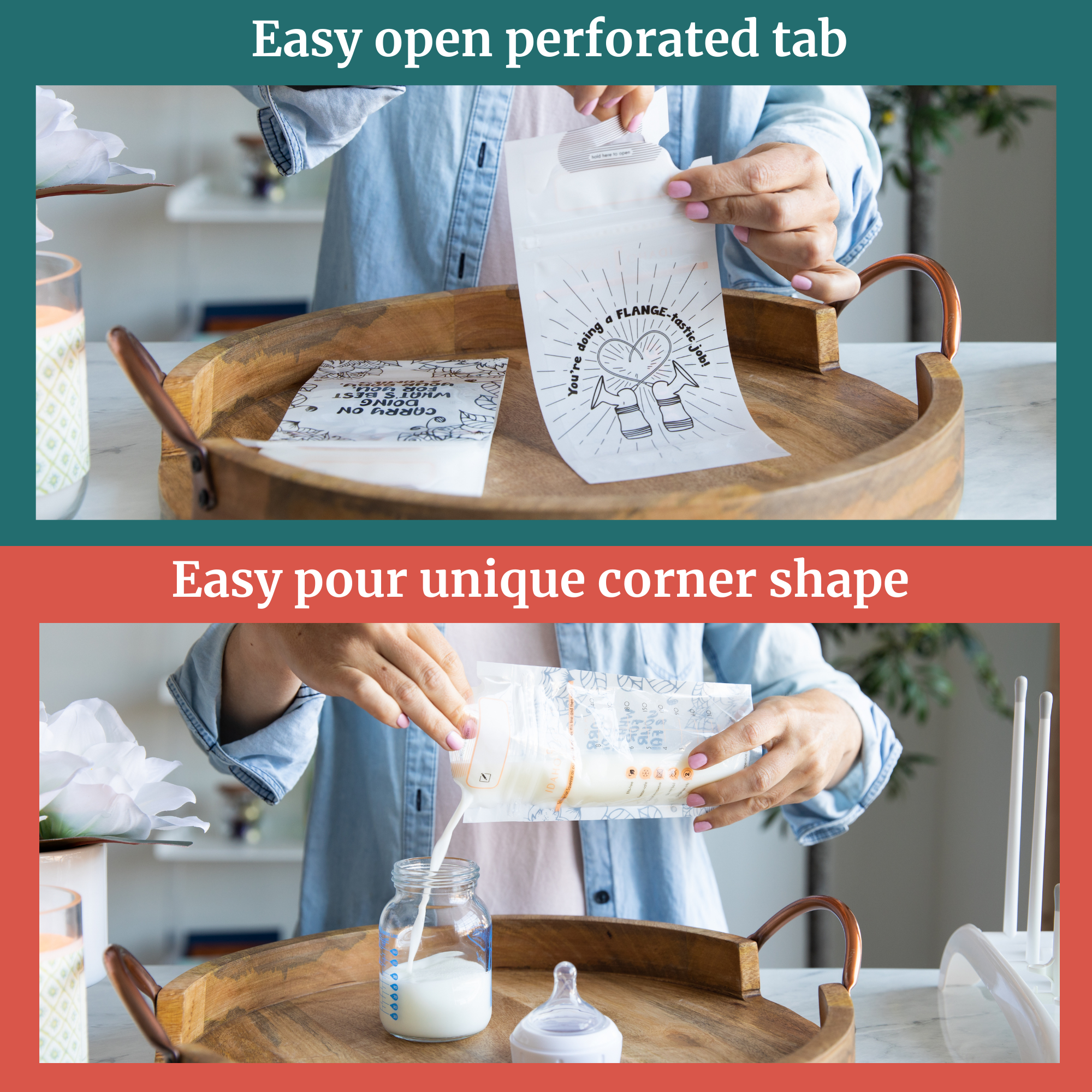 Milk Storage Bags showcasing easy open perforated tab and unique corner shape for convenient pouring.