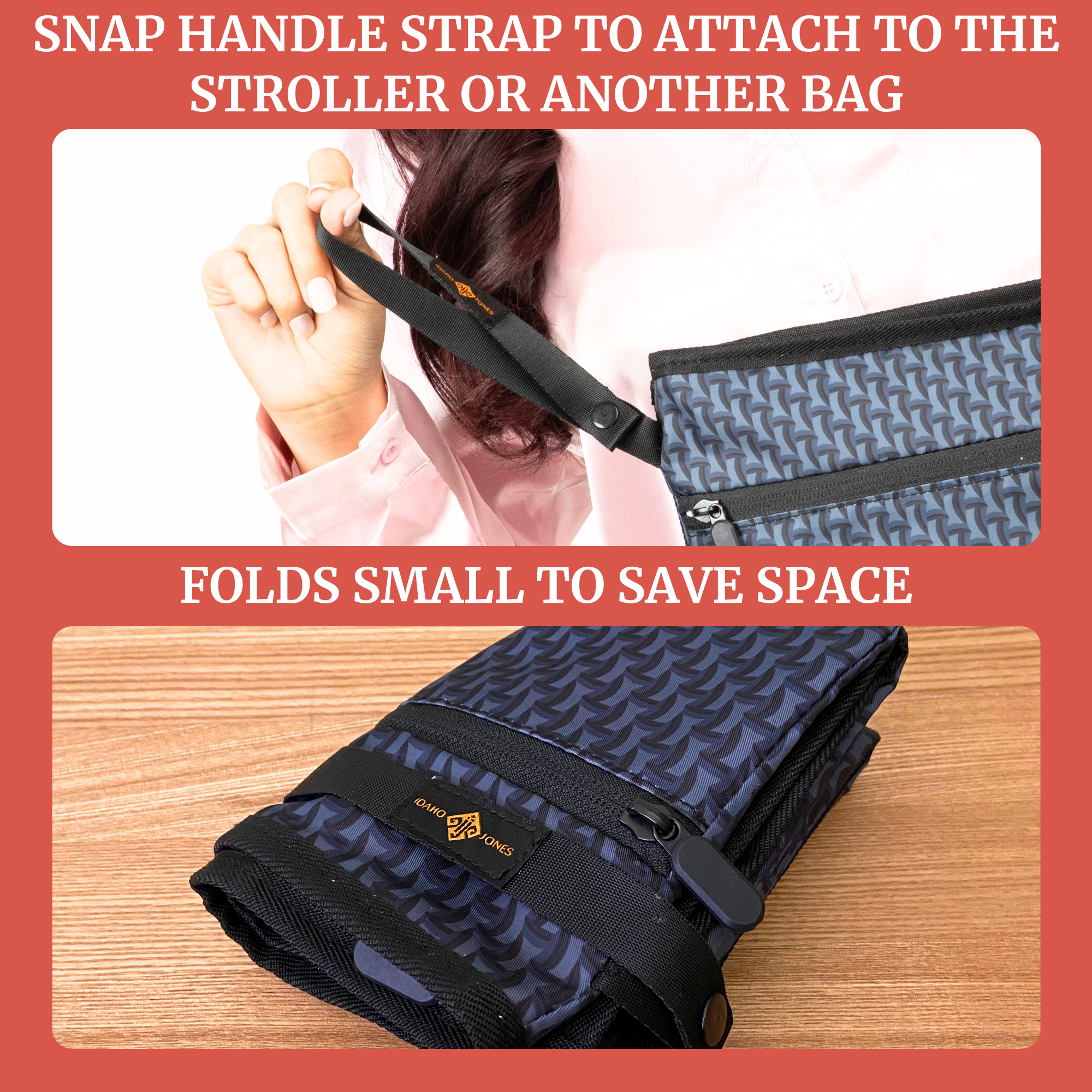 Wet dry bag with snap handle strap for strollers and foldable design for space-saving organization.