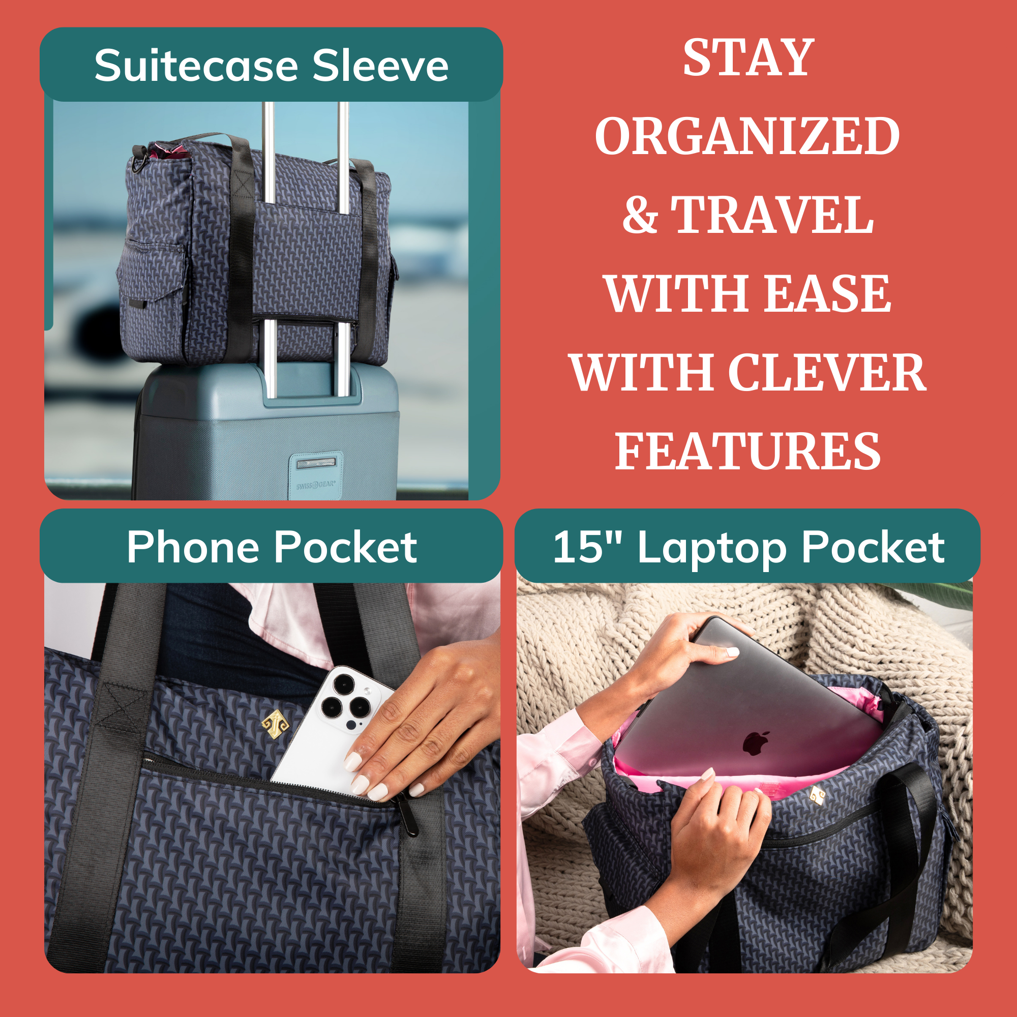 Breast pump tote bag featuring suitcase sleeve, phone pocket, and 15