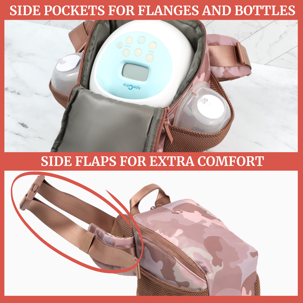 Belt bag with side pockets for flanges and bottles, and side flaps for extra comfort.