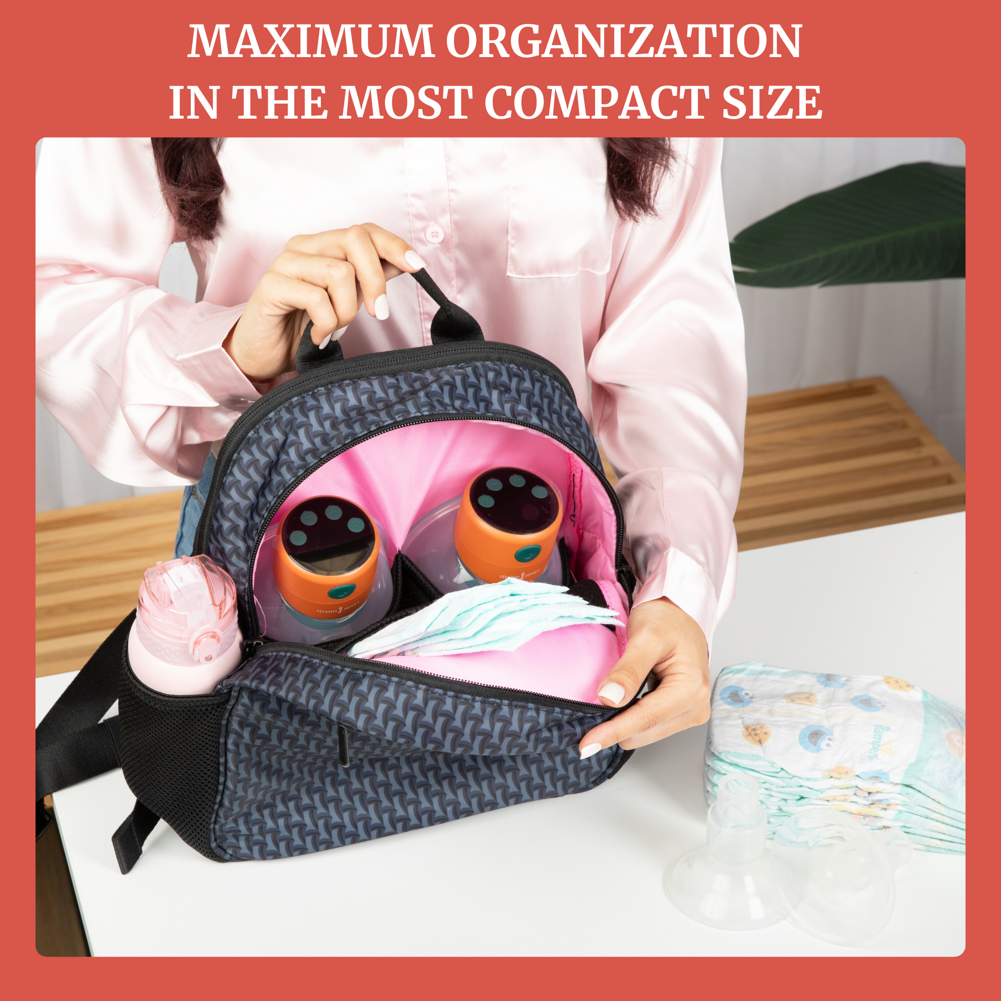 Small diaper bag backpack featuring organized compartments for essentials like bottles and diapers.