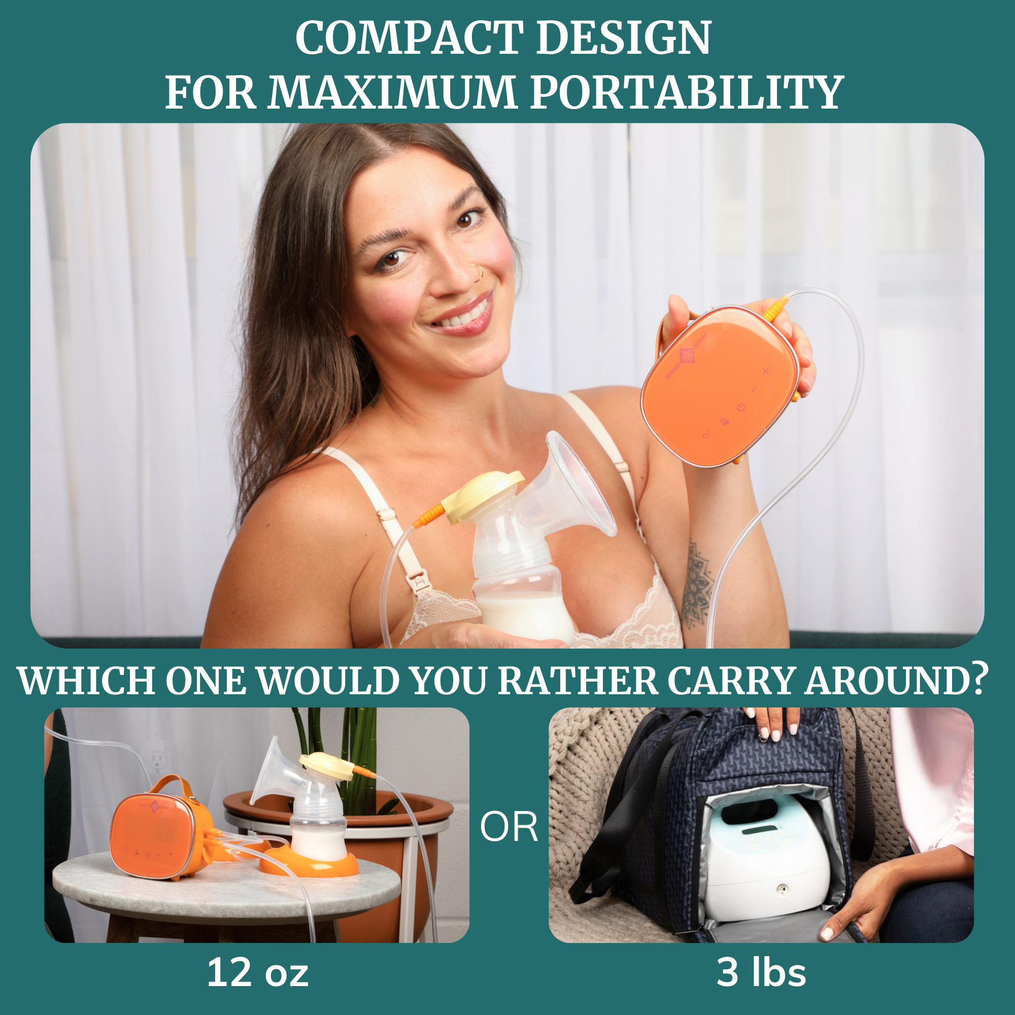 Moxi Portable Breast Pump showcasing compact design for maximum portability and easy carrying options.