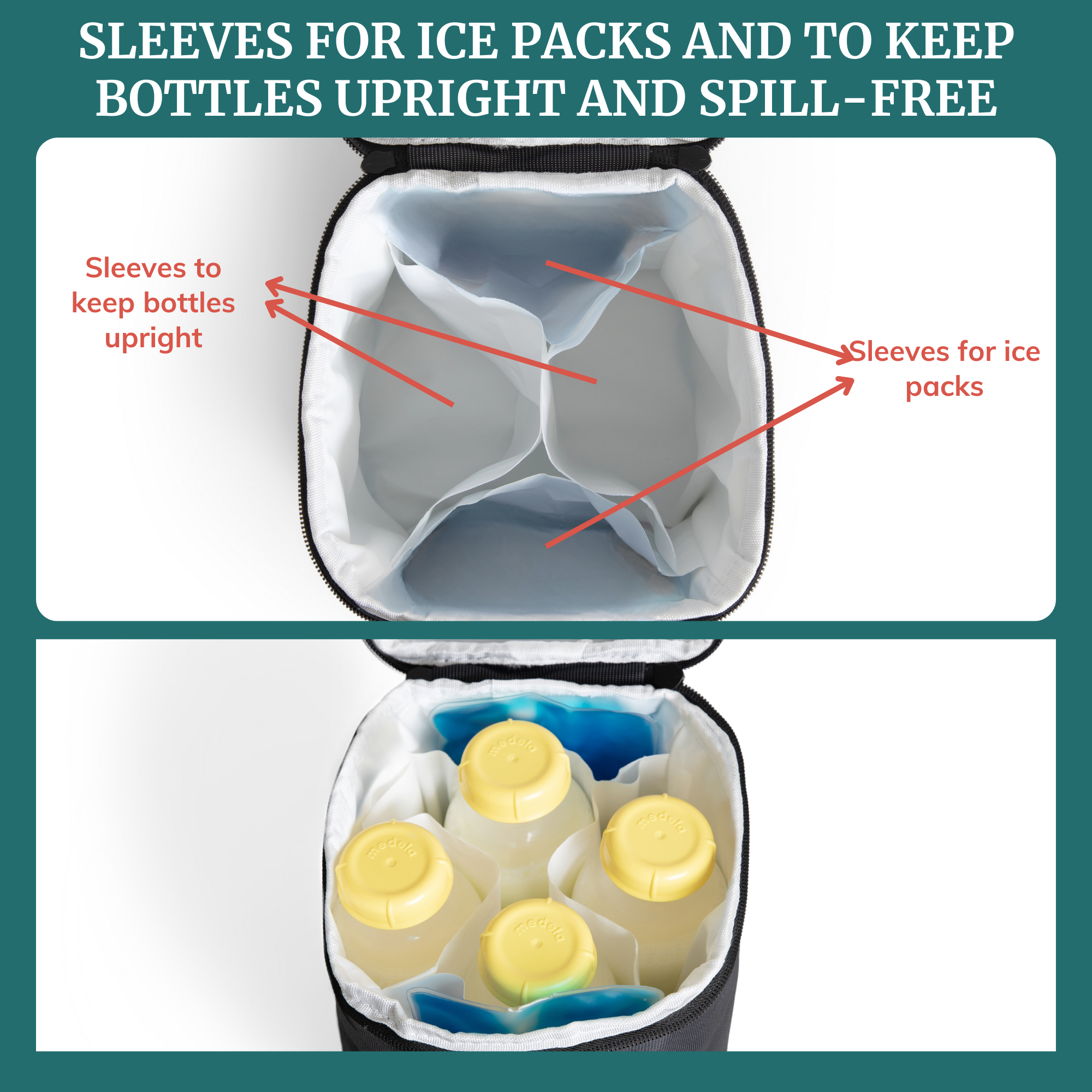 Inside view of the Roxwell breastmilk cooler bag showing sleeves for ice packs and bottles, ensuring safe transport.