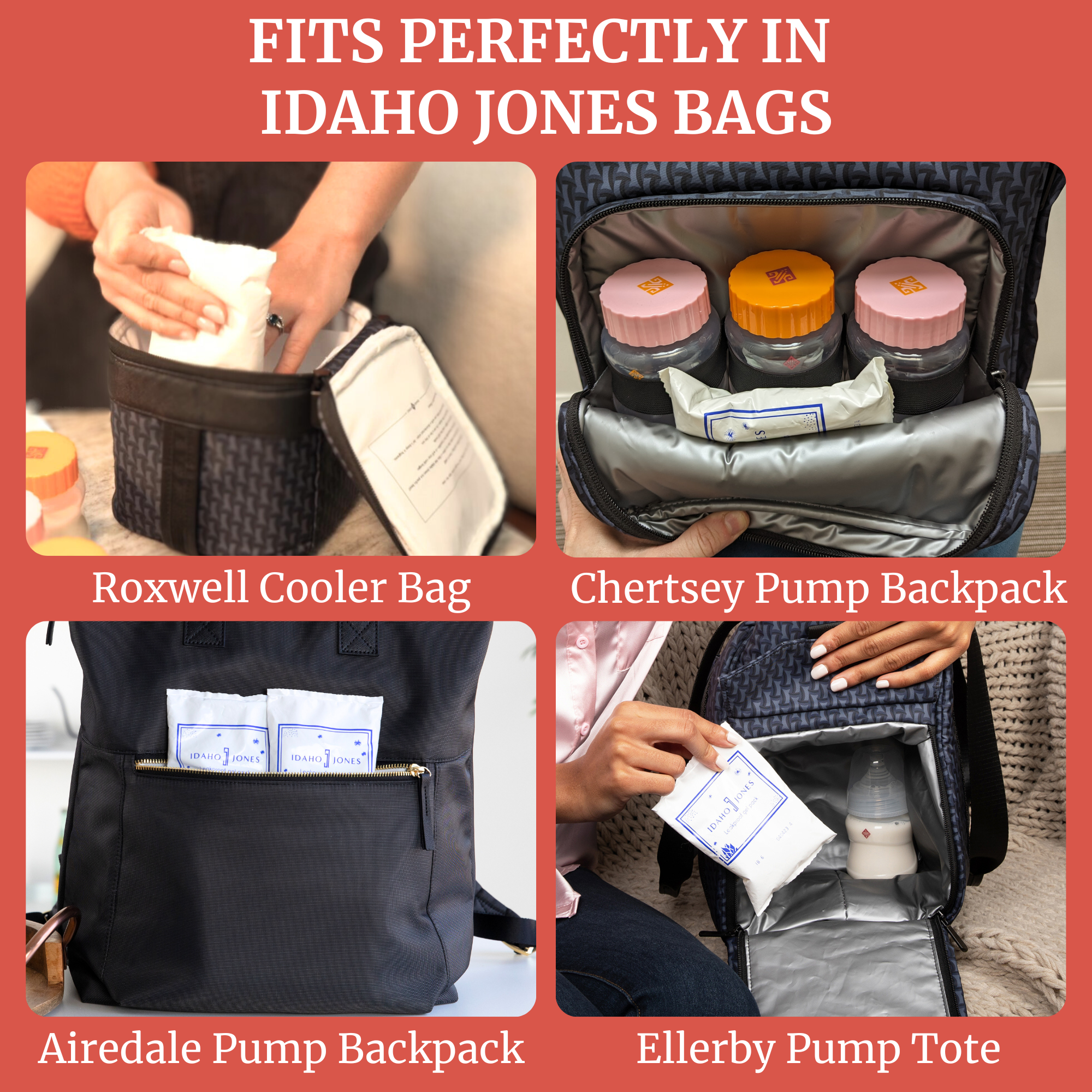 Breastmilk ice pack fitting perfectly in Idaho Jones cooler and pump bags, showcasing flexible storage for travel.