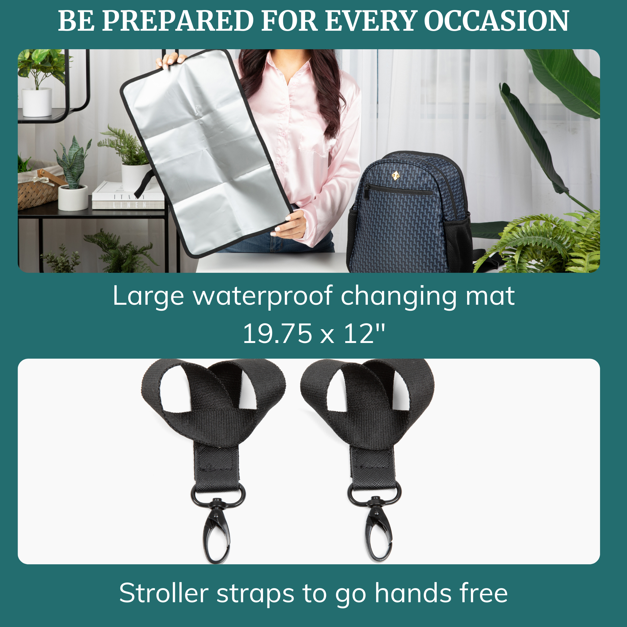 Small diaper bag backpack features large waterproof changing mat and stroller straps for hands-free convenience.