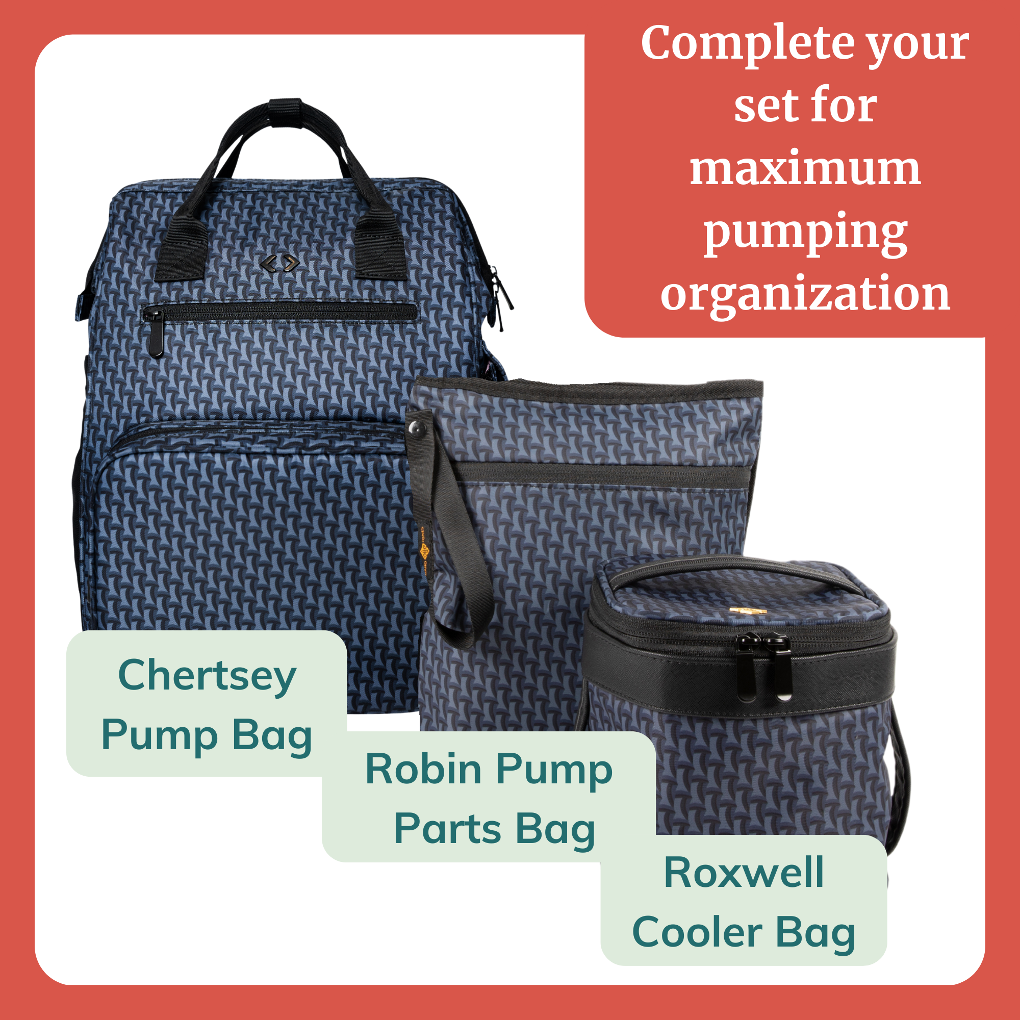 Chertsey Breast Pump Bag, Robin Pump Parts Bag, Roxwell Cooler Bag for pumping organization.