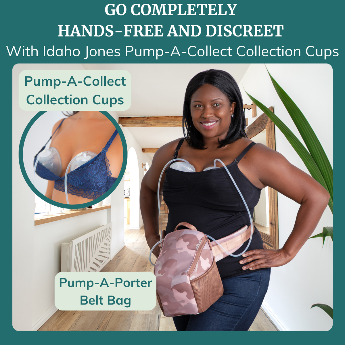 Woman wearing the camouflage-patterned belt bag, while pumping using Idaho Jones Pump-A-Collect Collection Cups - handsfree and discreet.