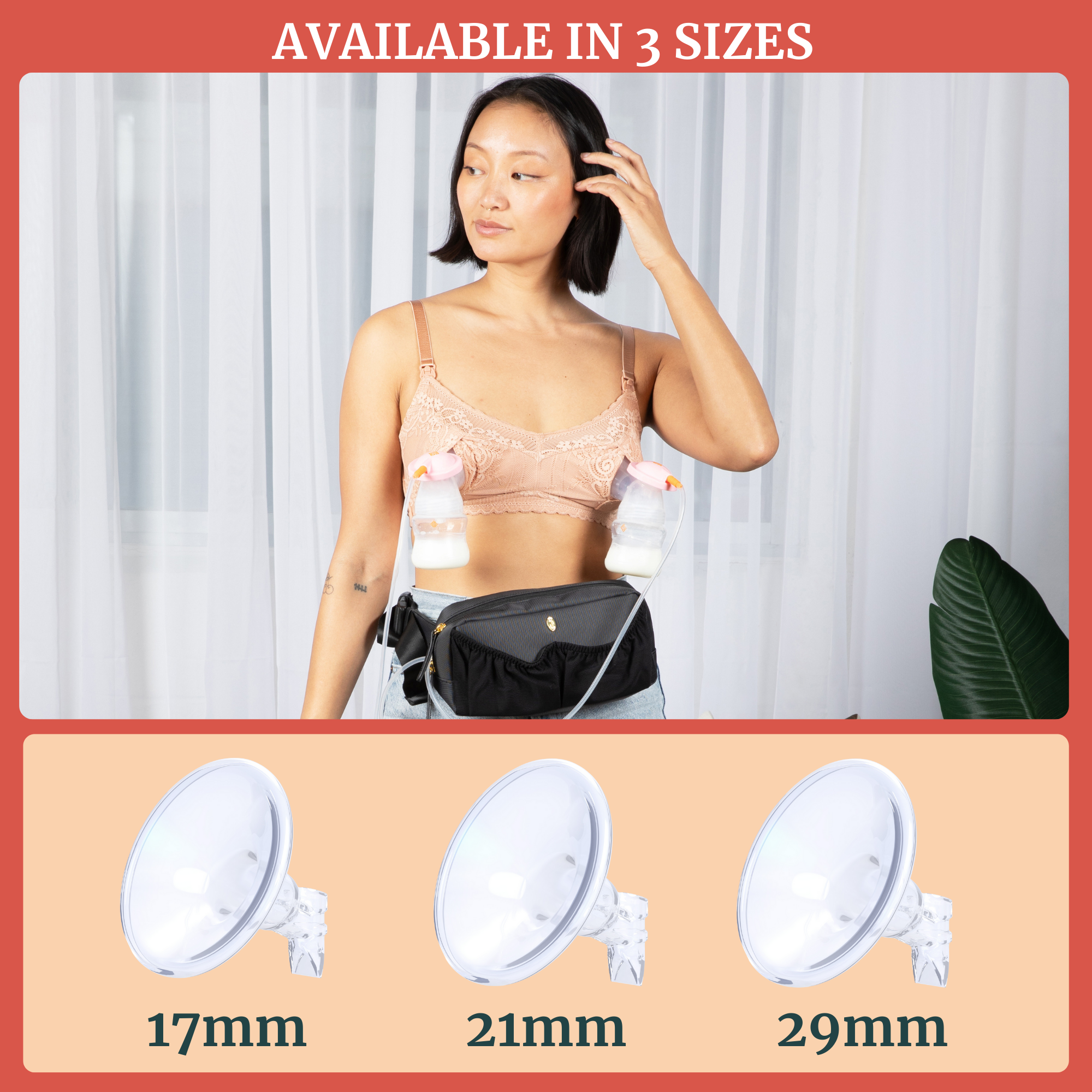 Woman demonstrating 360 Fit Silicone Flange in three sizes: 17mm, 21mm, 29mm, for comfortable pumping.