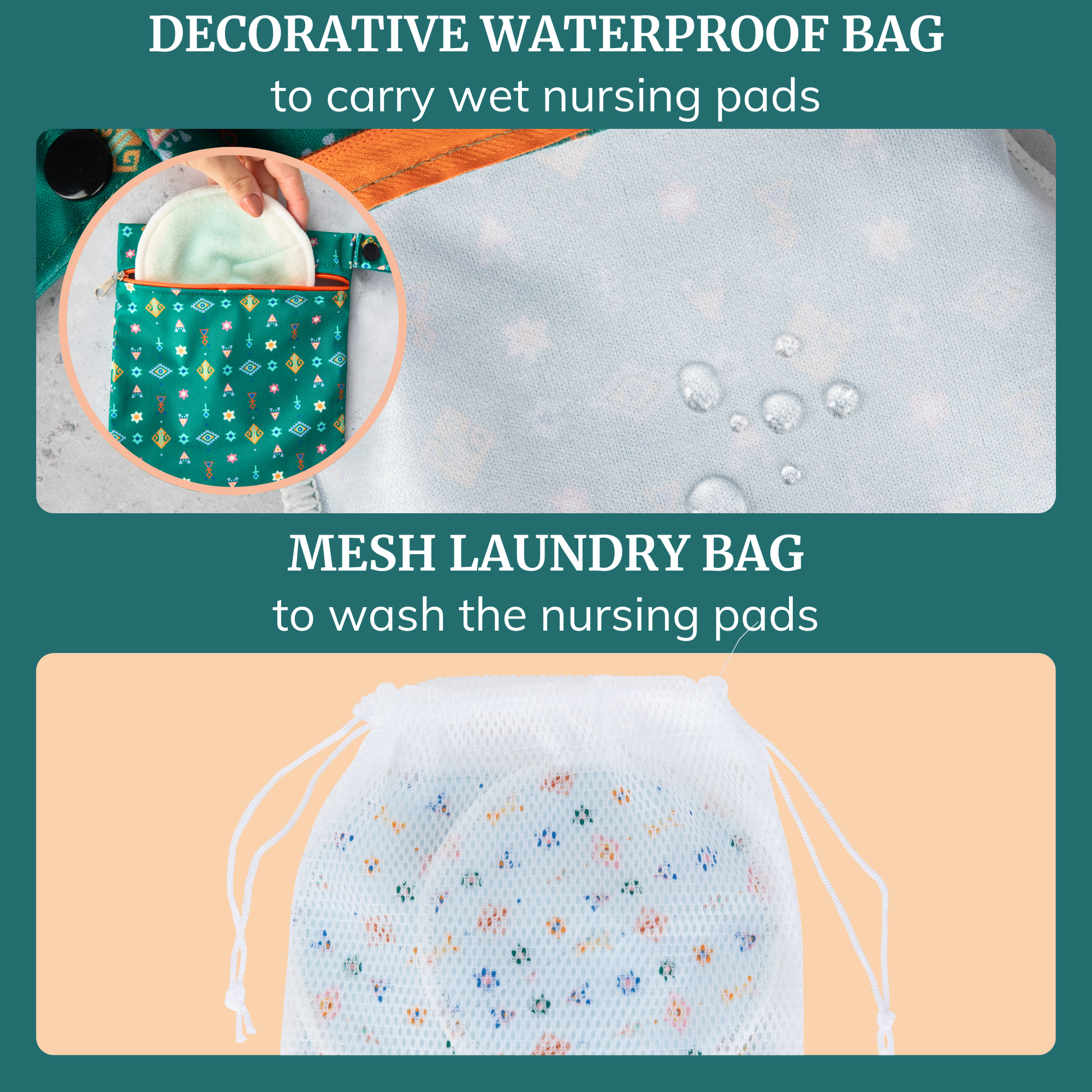 Decorative waterproof bag and mesh laundry bag for reusable breast pads care and storage.