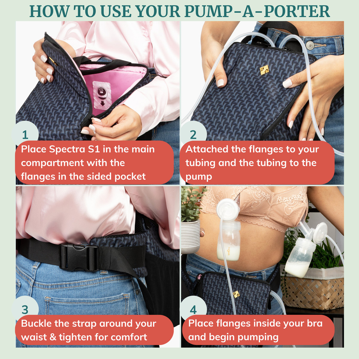 Instructions on how to use the pump-a-porter belt bag with text and images.
