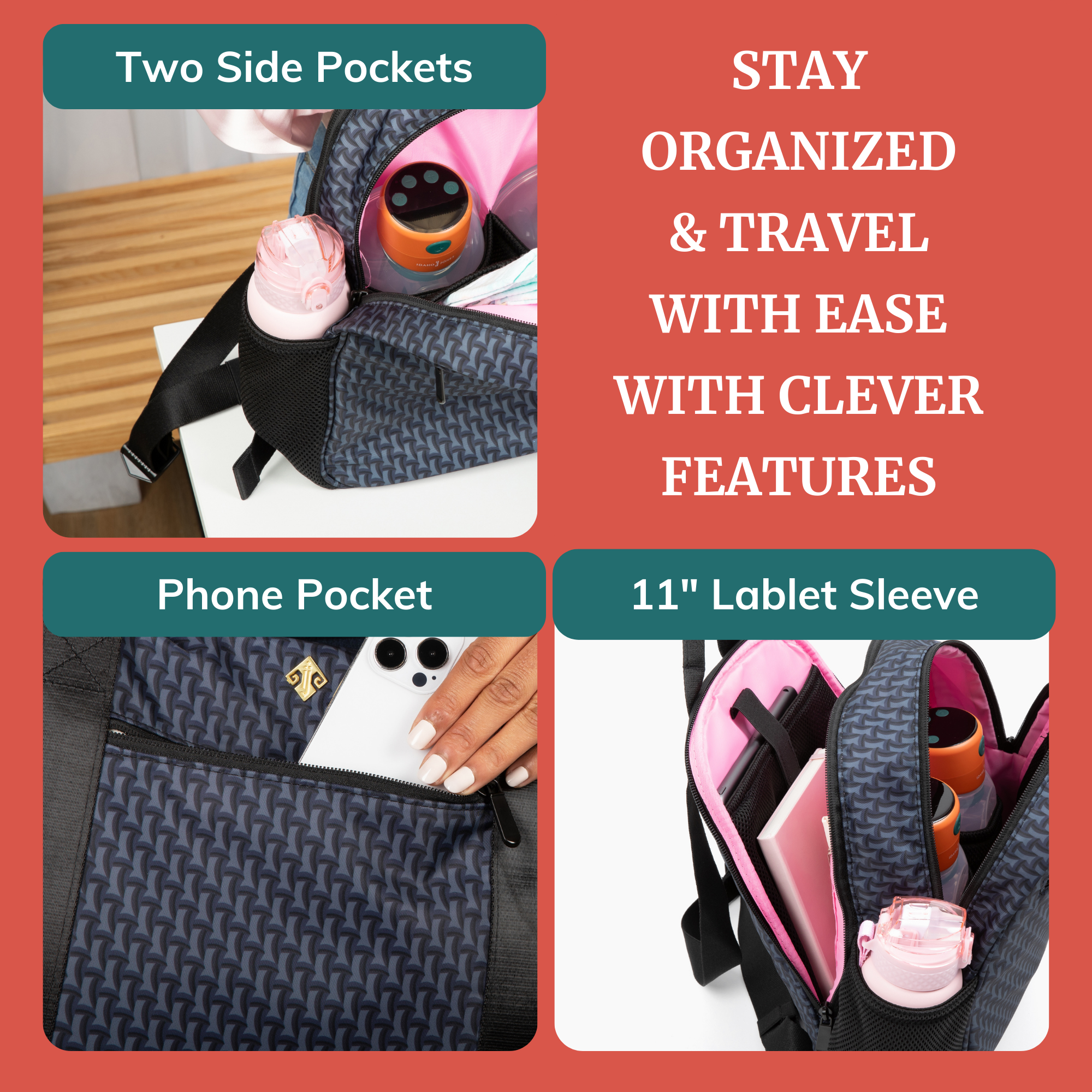 Small diaper bag backpack showcasing side pockets, phone pocket, and tablet sleeve for organized travel.
