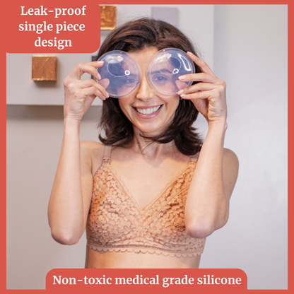 Woman holding milk collector shells with text about leak-proof design and non-toxic silicone.