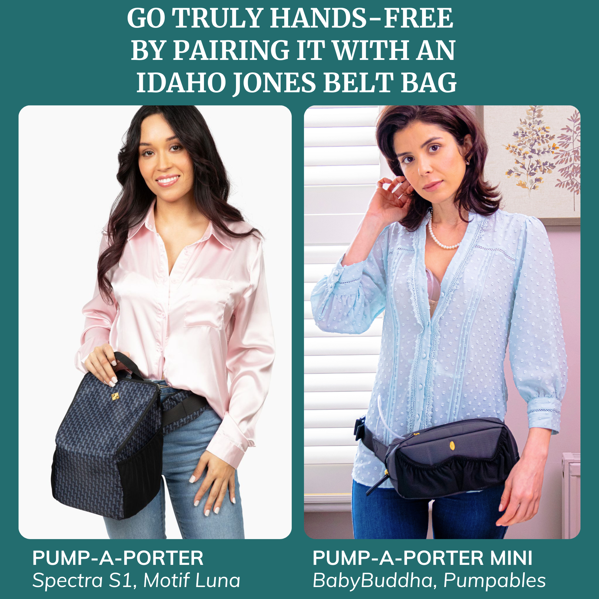 Milk collection cups with belts for hands-free pumping convenience, paired with Idaho Jones belt bags.