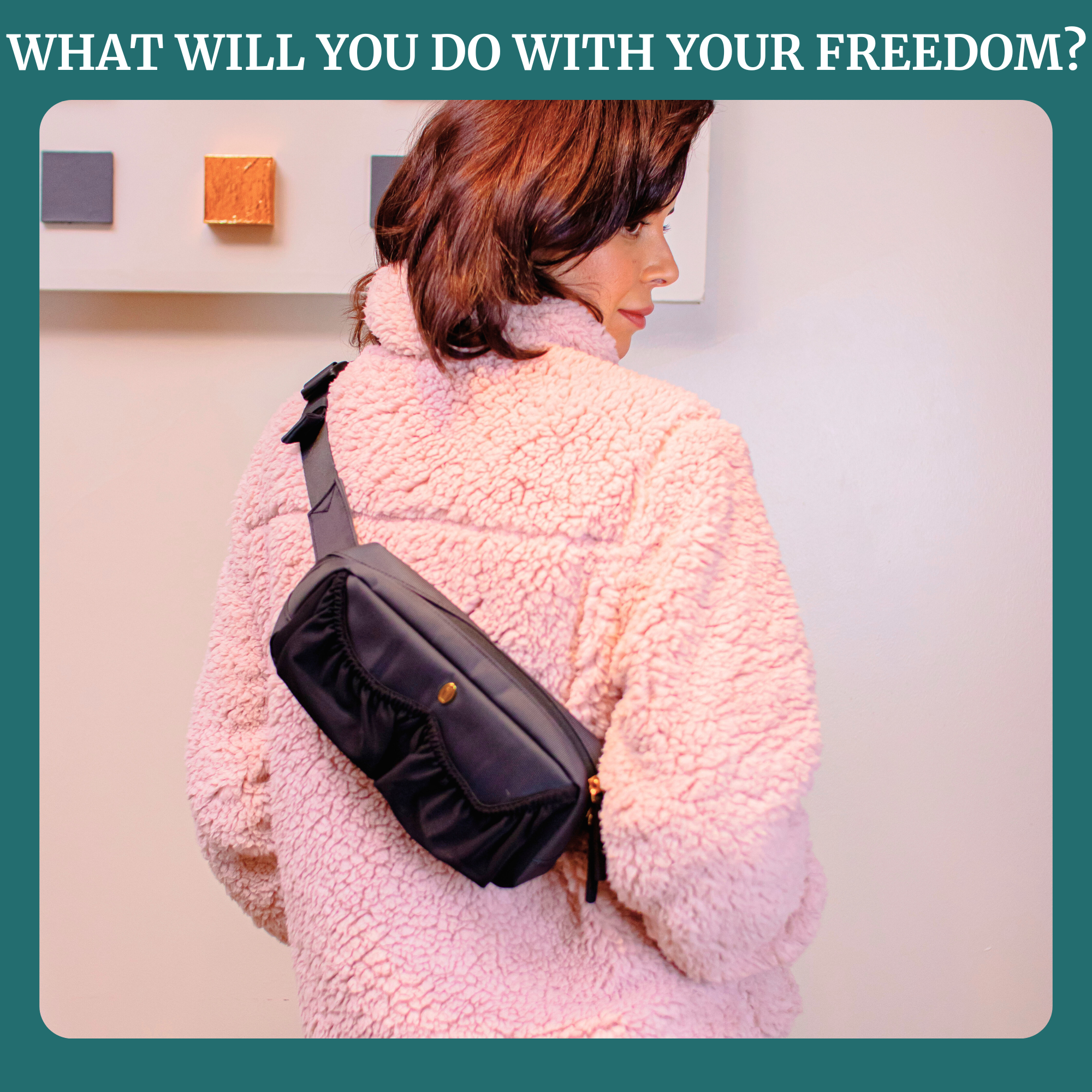 Belt bag for small breast pumps worn by a woman in a pink fleece jacket, showcasing versatility and style.