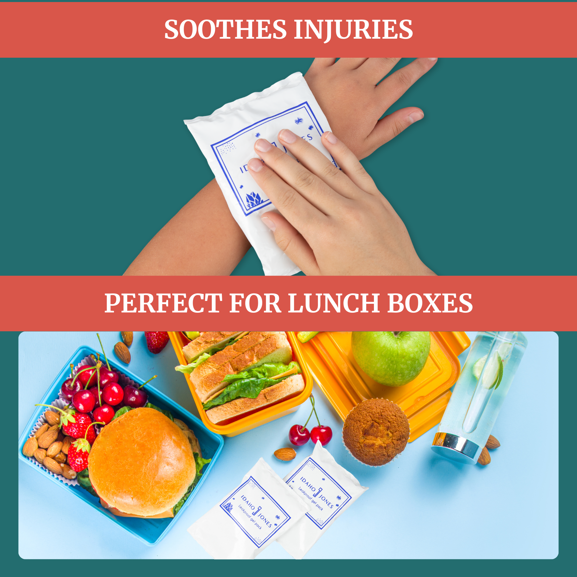 Breastmilk ice pack used for soothing injuries, displayed with healthy lunch box items.