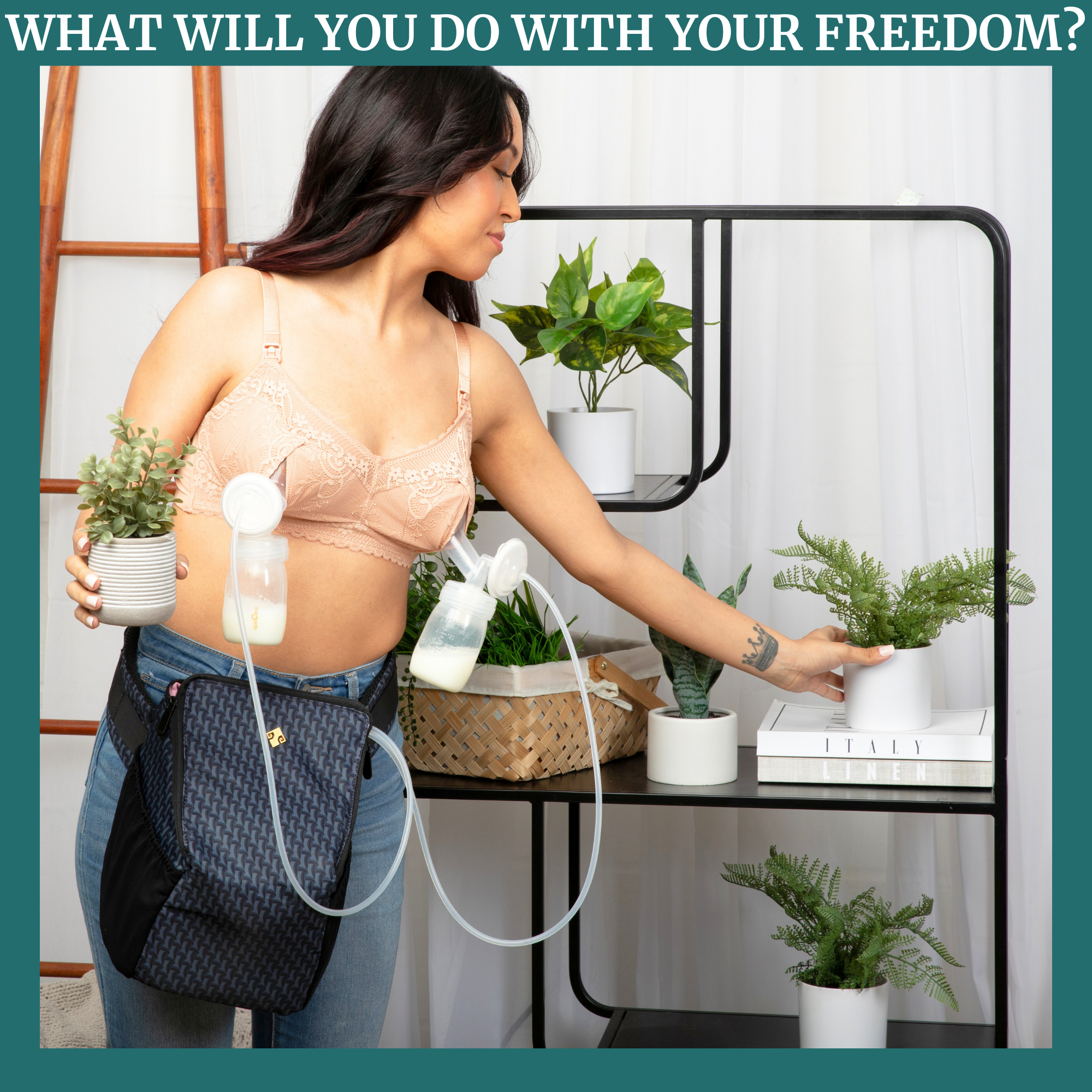 Woman using Pumping Bag for Spectra while tending to plants, enjoying hands-free pumping convenience.