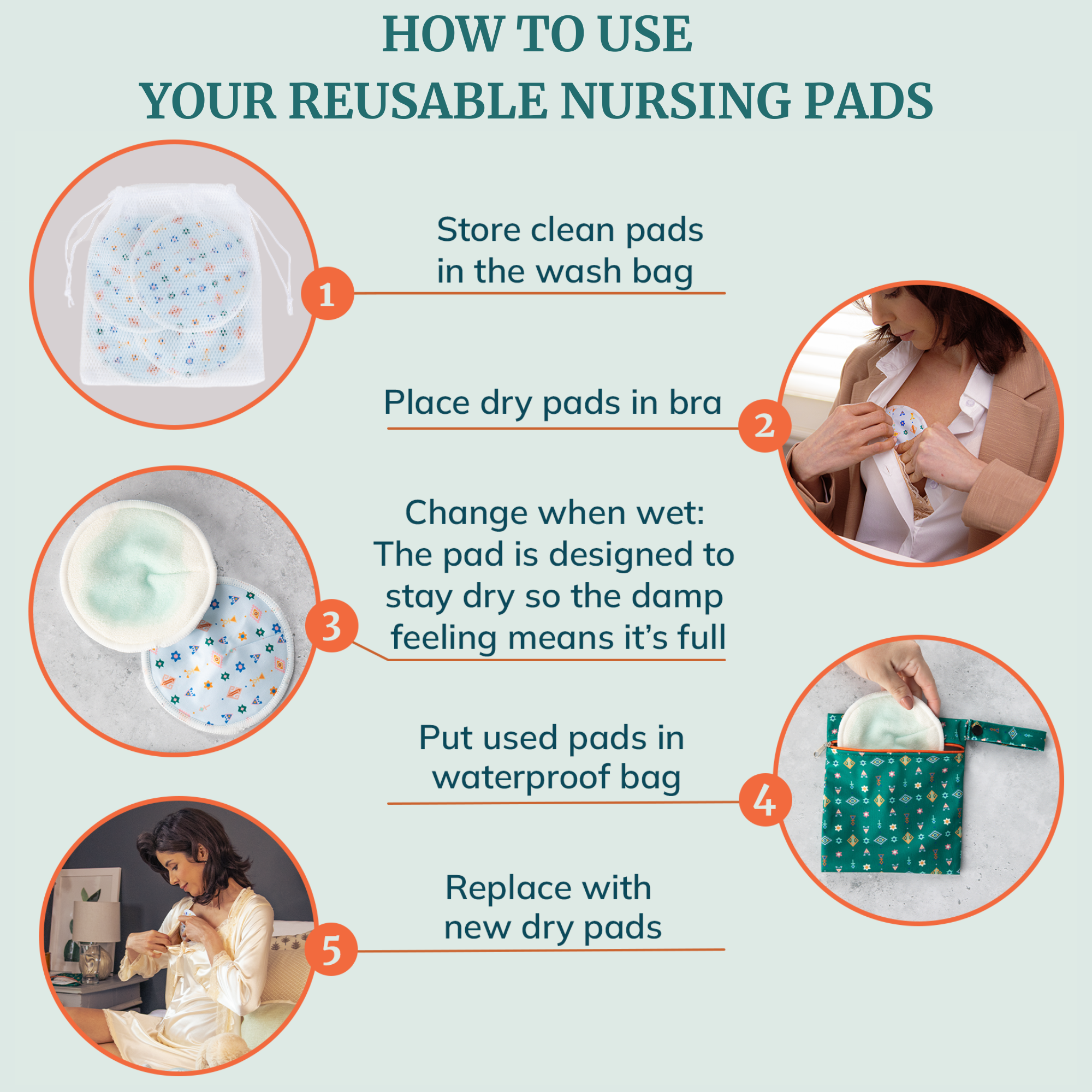 How to use reusable breast pads with steps for nursing moms including storage and replacement.