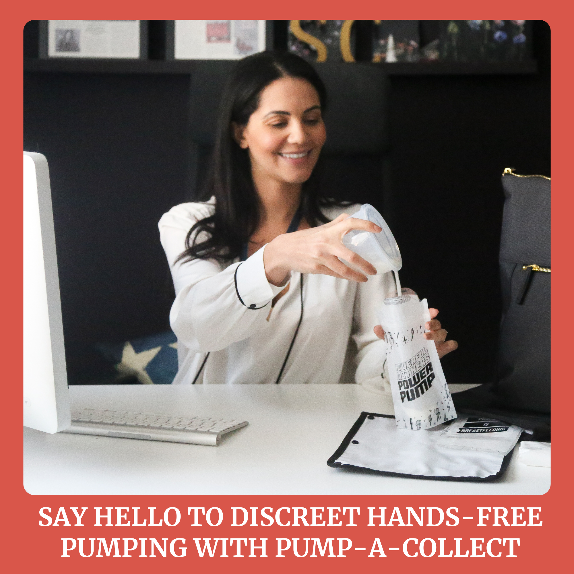 Woman using Milk Collection Cups with Silicone Flanges for discreet hands-free pumping with Pump-A-Collect.