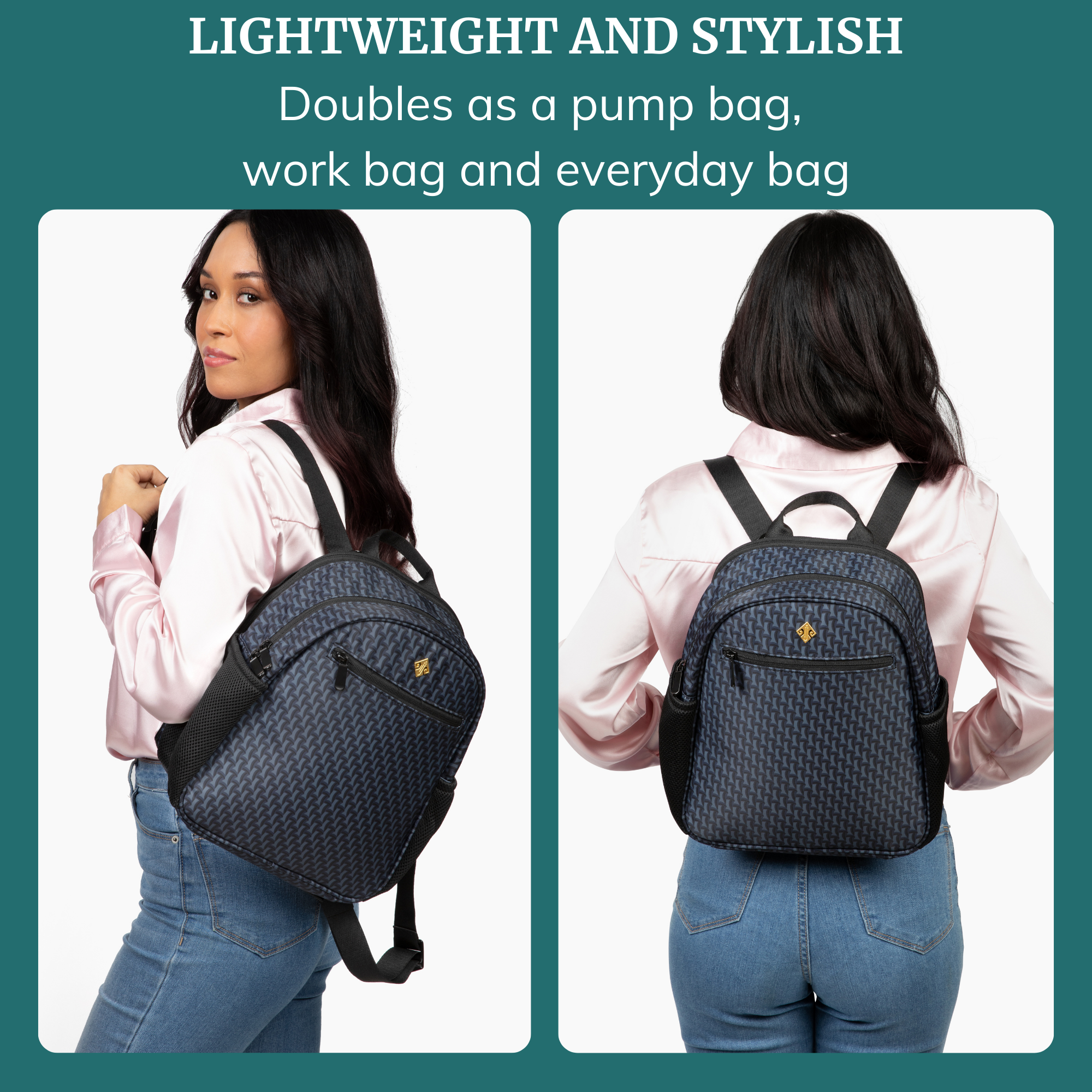 Small diaper bag backpack that doubles as a pump bag, work bag, and everyday bag, stylish design, lightweight fabric.