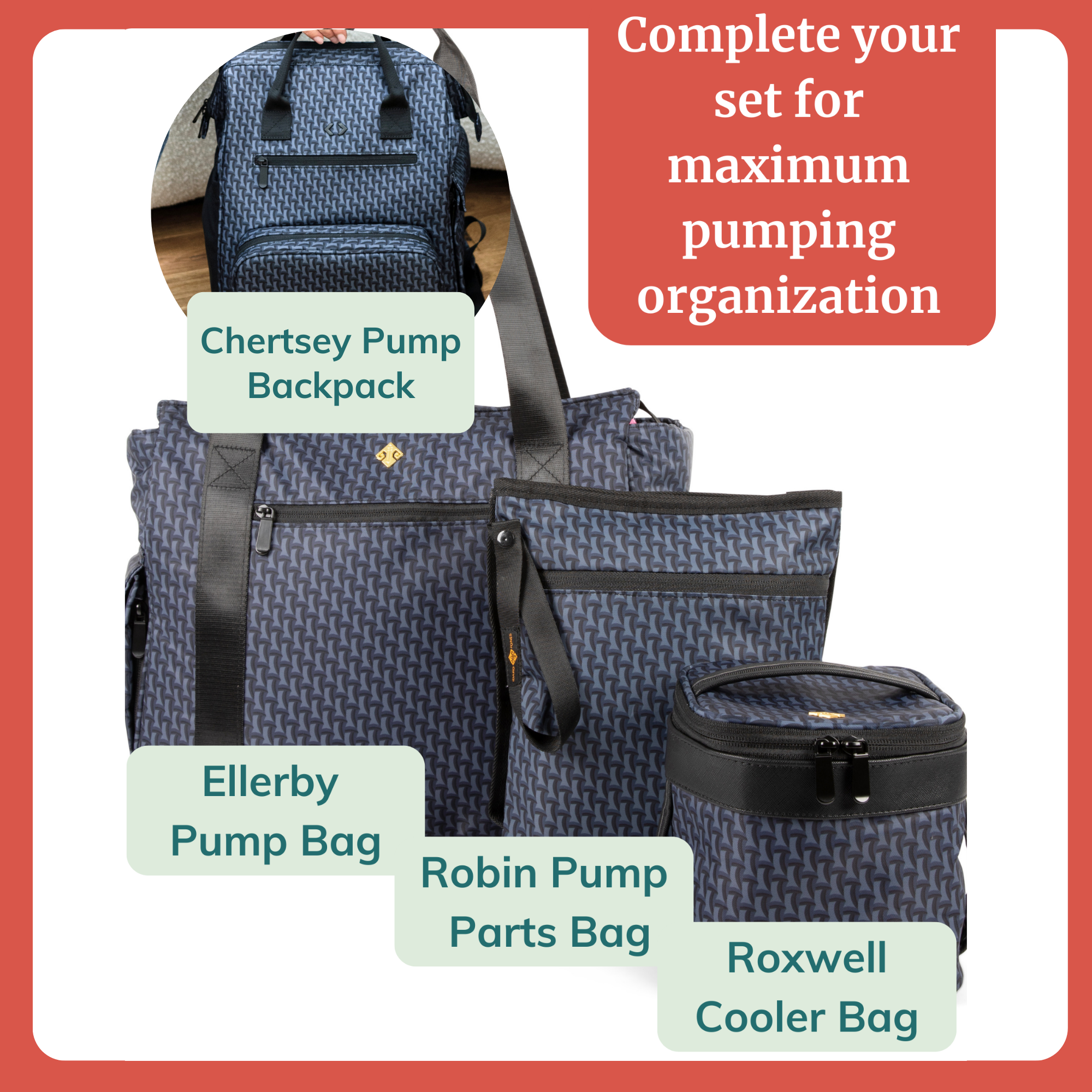 Breastmilk cooler bag among Chertsey Pump Backpack, Ellerby Pump Bag, and Robin Pump Parts Bag for organized pumping.