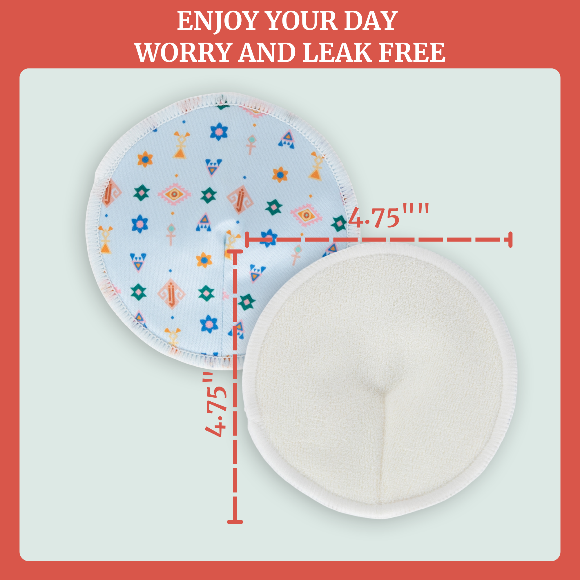 Two reusable breast pads displayed on a colorful background, showcasing their size and design for nursing moms.