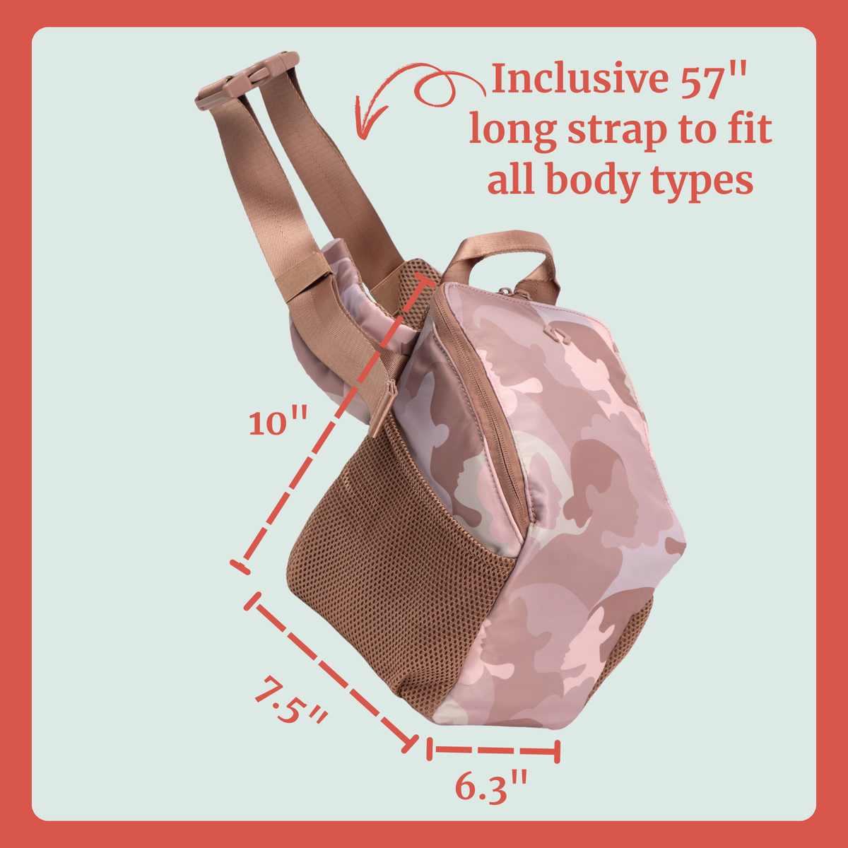 Camouflage-patterned belt bag with product measurements.