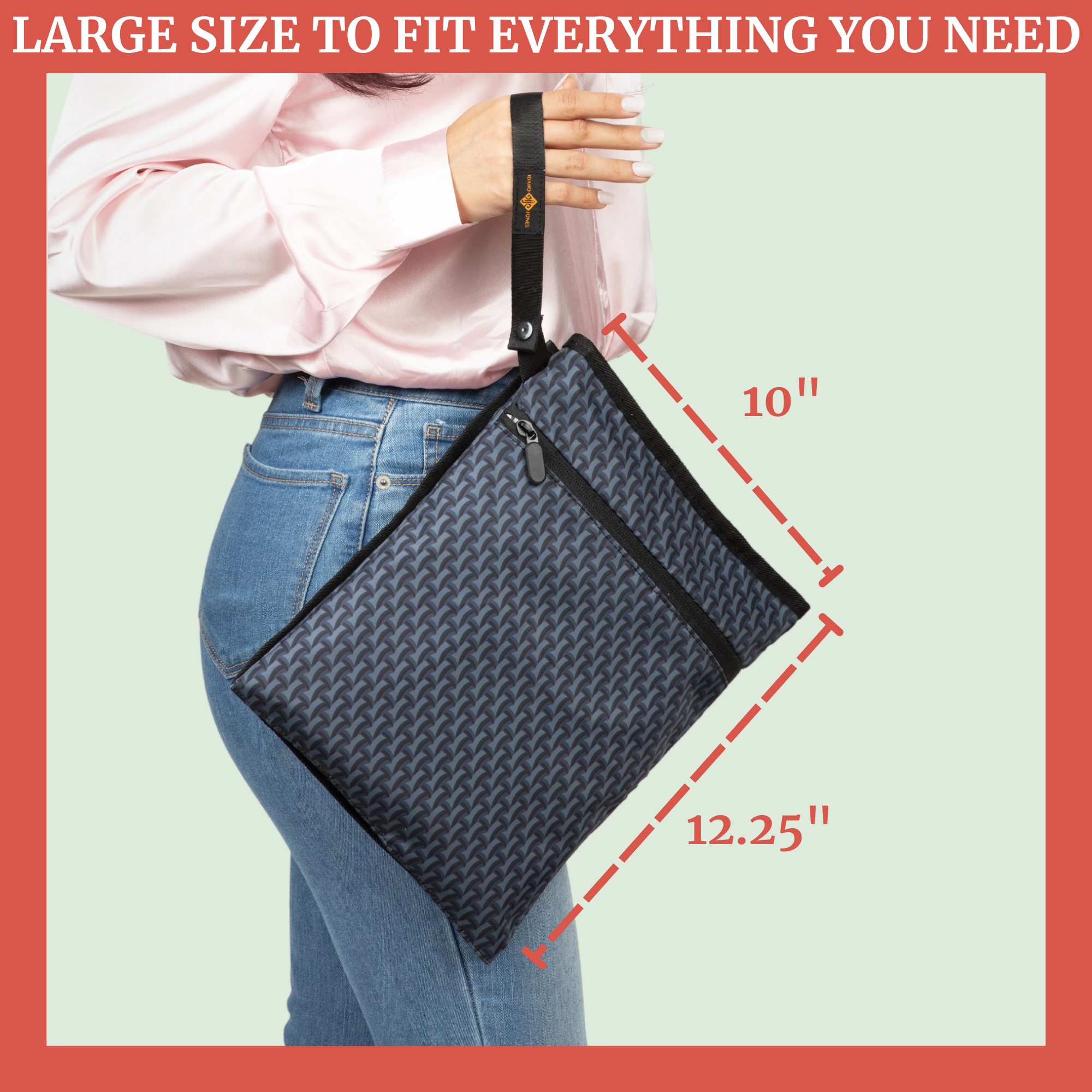 Wet dry bag shown in large size, perfect for keeping pump parts organized and clean, dimensions 10