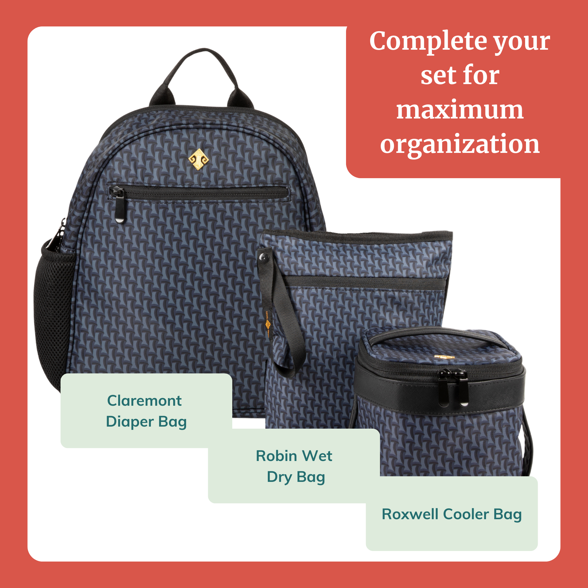 Small diaper bag backpack set including Claremont Diaper Bag, Robin Wet Dry Bag, and Roxwell Cooler Bag.