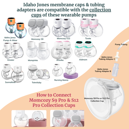 Compatibility chart for Idaho Jones membrane caps, tubing adapters, and wearable pumps with an image of how to Momcozy S9 Pro & S12 Pro Collection Cups.