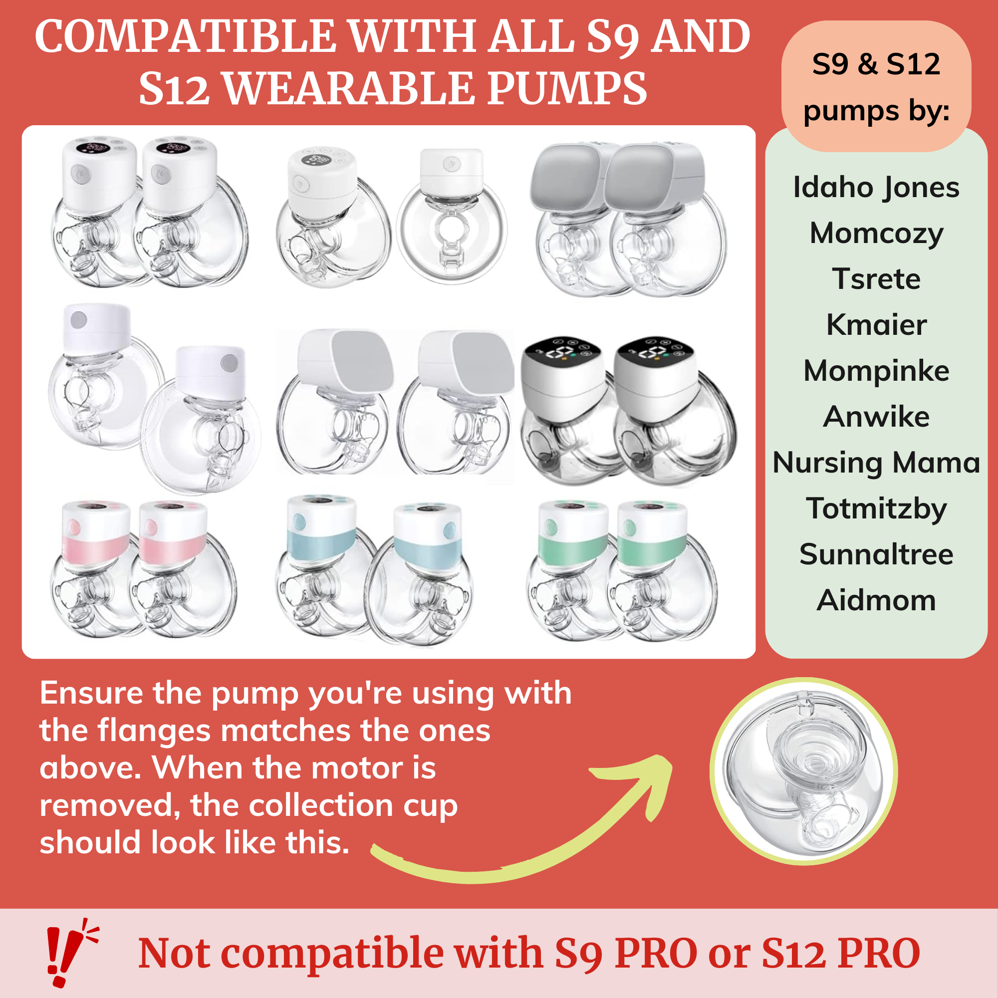 Image of wearable breast pump flanges compatible with S9 and S12 wearable pumps such as Idaho Jones and Momcozy.