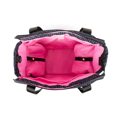 the inside of the ellerby tote bag in elegant pink, showing the inside pockets and cooler compartment space