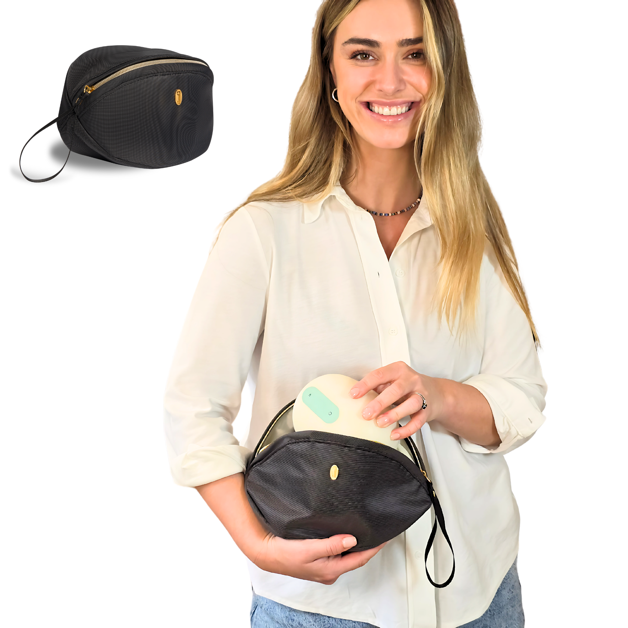 Woman smiling with Rylett wearable pump bag, showcasing its style and functionality for wearable pumps.
