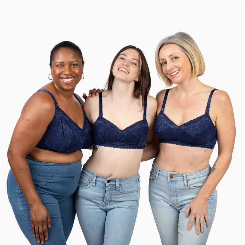 moms in candid poses with different body types wearing the Aine Pumping Bra in medieval blue color