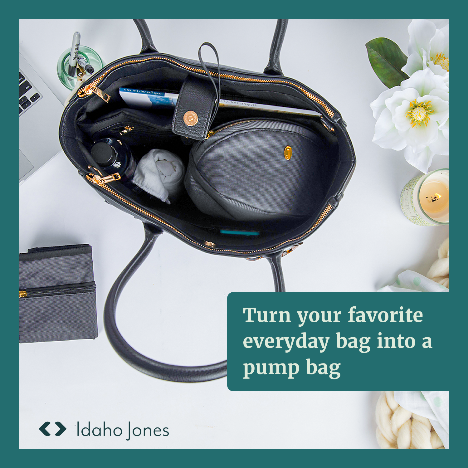 Wearable pump bag case by Rylett inside a stylish handbag, showcasing convenience and organization.