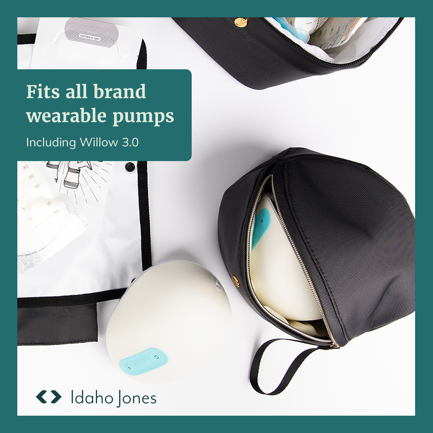 Wearable pump bag showing a sleek case and wearable pumps, including Willow 3.0, emphasizing style and convenience.