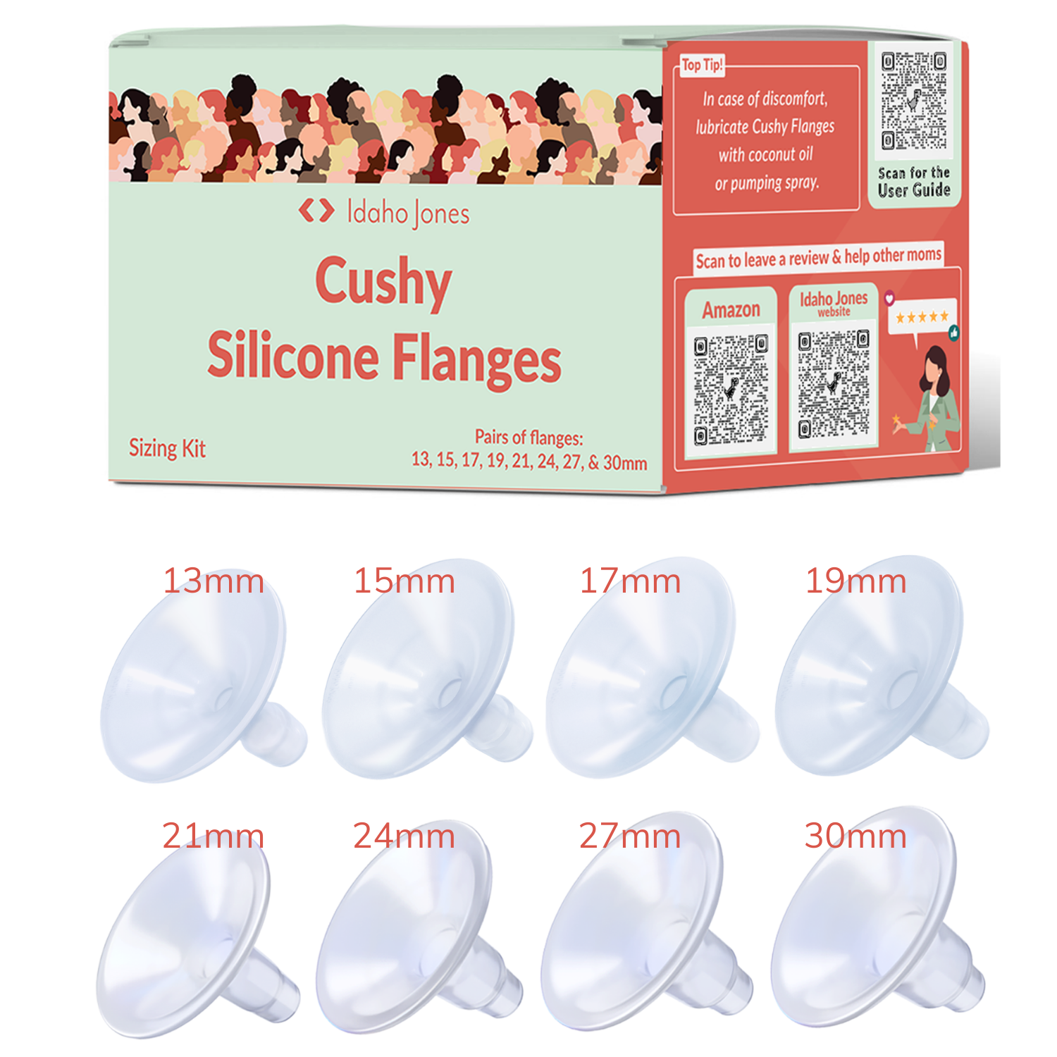 Cushy Silicone Breast Pump Flanges sizing kit with various sizes shown for optimal comfort and efficiency.