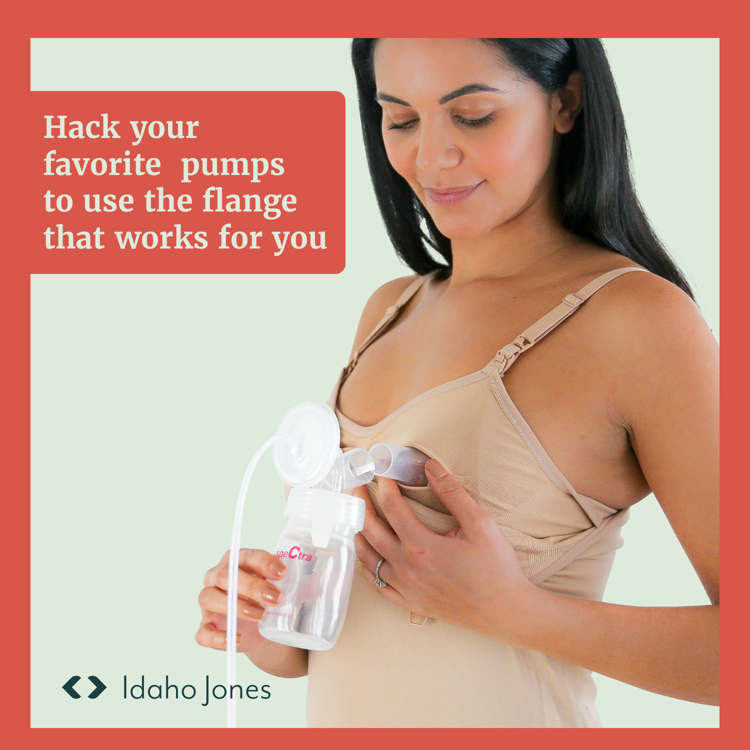 Woman using Idaho Jones flange adapter with spectra pump parts to enhance the pumping experience.