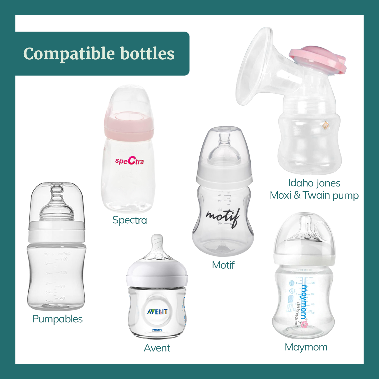 Image of compatible bottles for spectra pump parts, including Idaho Jones, Pumpables, Motif, Avent, and Maymom.