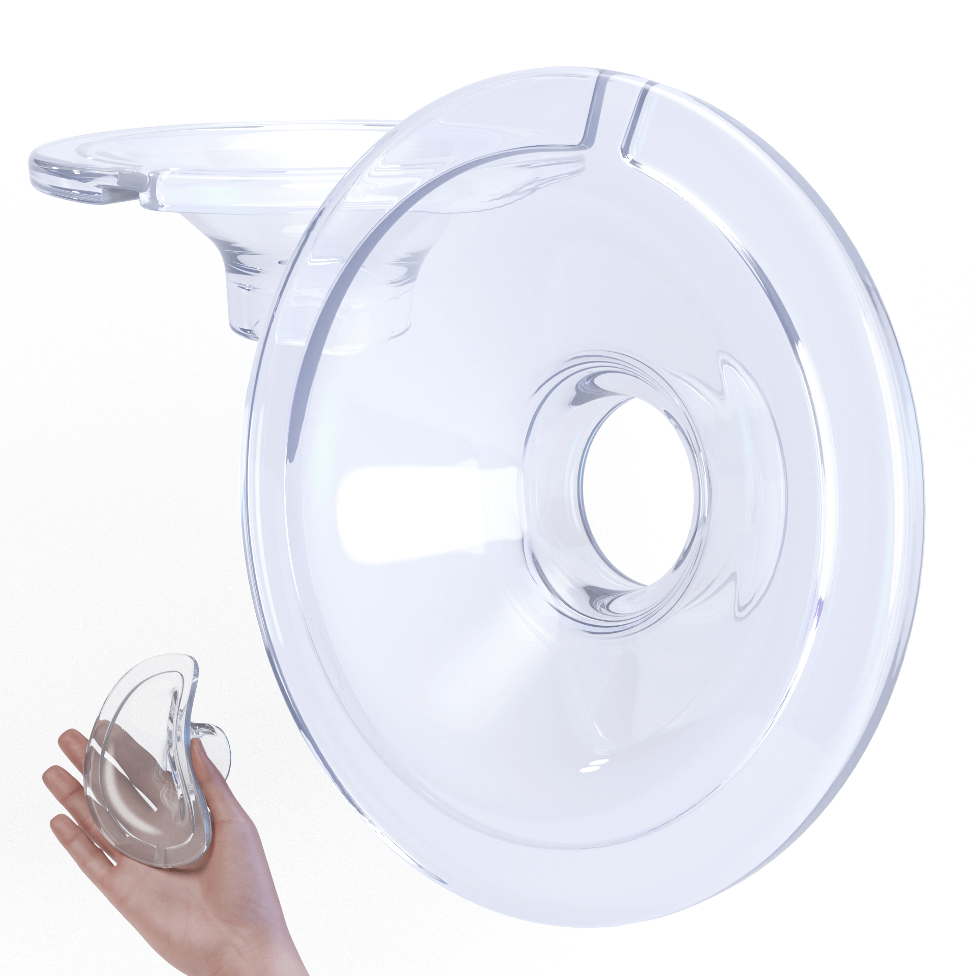 Wearable breast pump flange made of clear, soft silicone, shown with hand for size reference.
