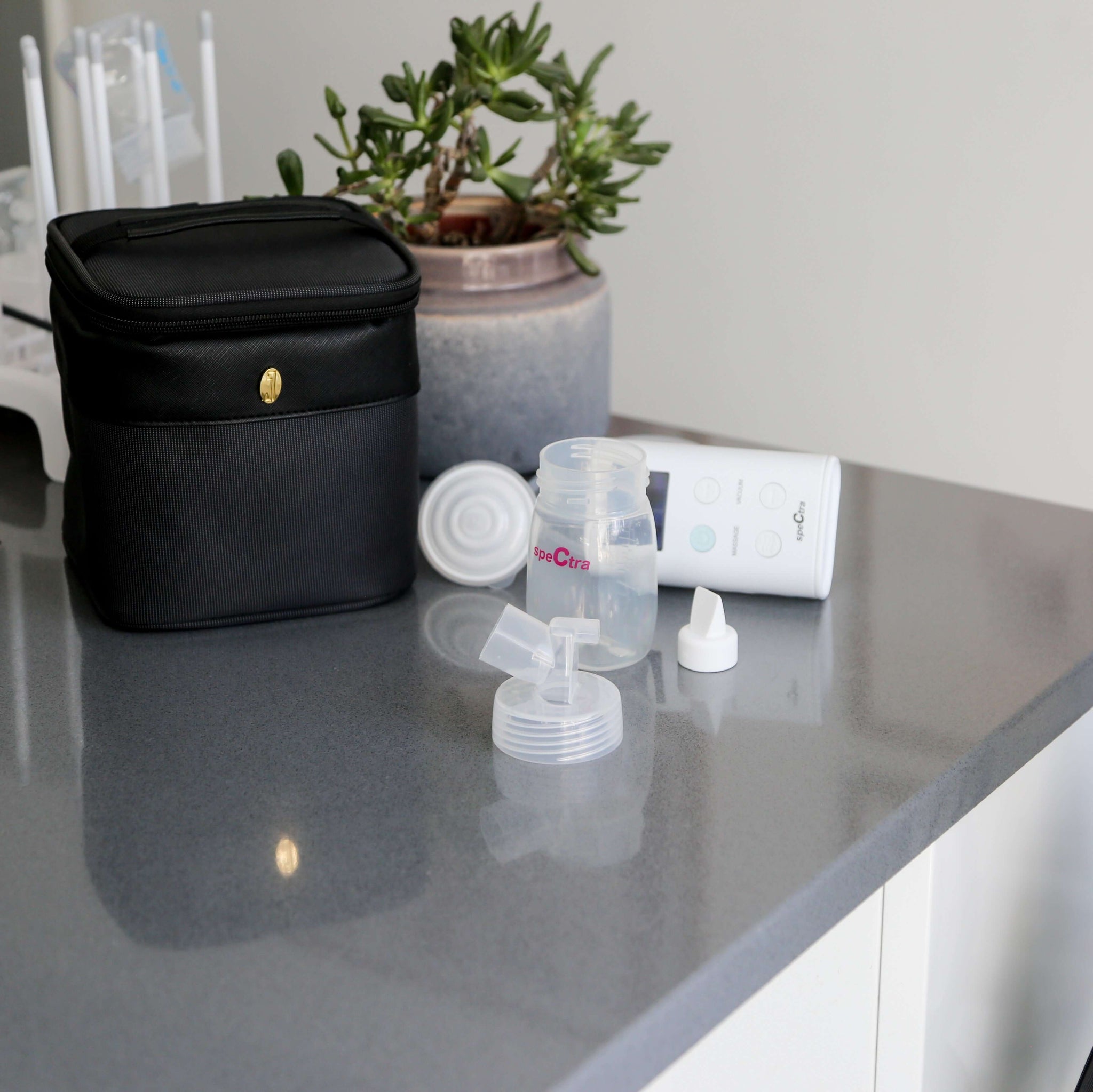 Spectra pump parts displayed on a kitchen counter, including flange adapter and milk storage bottles.