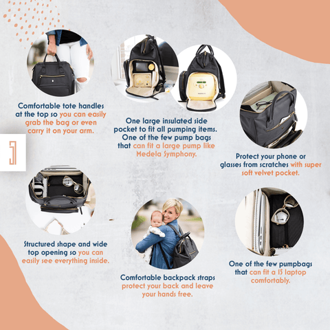 Image of best breast pump bag for working moms with all key features comfortable tote handle backpack straps large capacity chic look breast pump backpack medela pump in style backpack breast pump bags  best bags for work  Spectra breast pump bag best breast pump for working moms chertsey breast pump backpack work and pump vegan PU leather