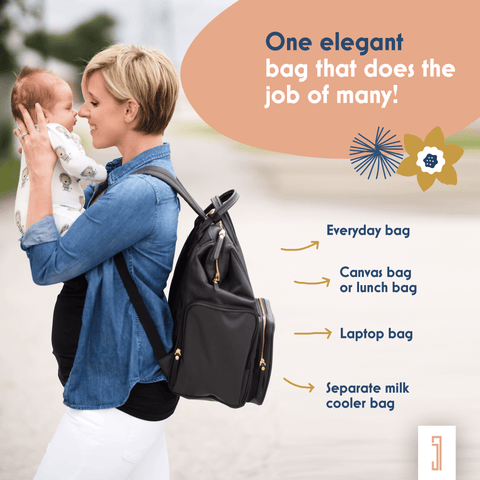 Image of mom mother mum with baby breast pump backpack medela pump in style backpack breast pump bags  best bags for work  Spectra breast pump bag best breast pump for working moms chertsey breast pump backpack work and pump vegan PU leather