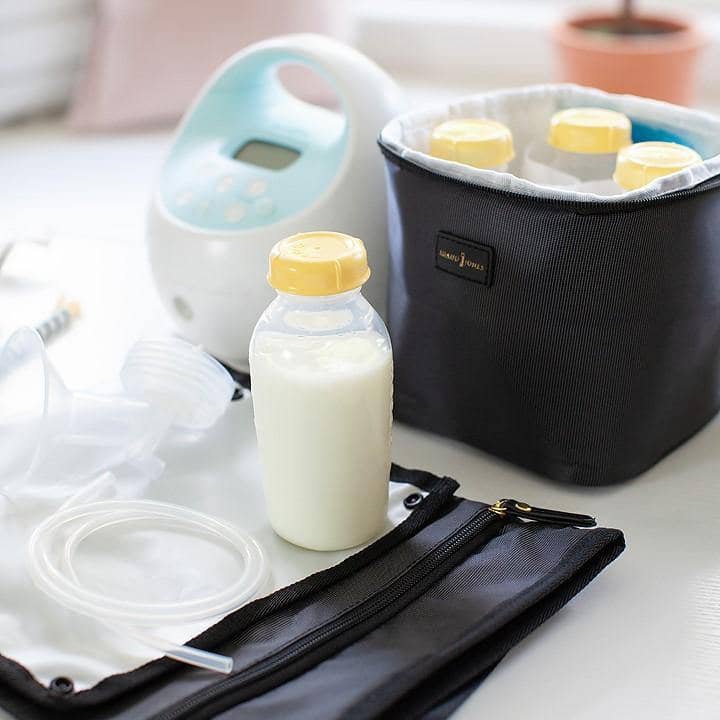 Idaho Jones Lysia breast milk cooler bag with four fulled bottles and ice packs