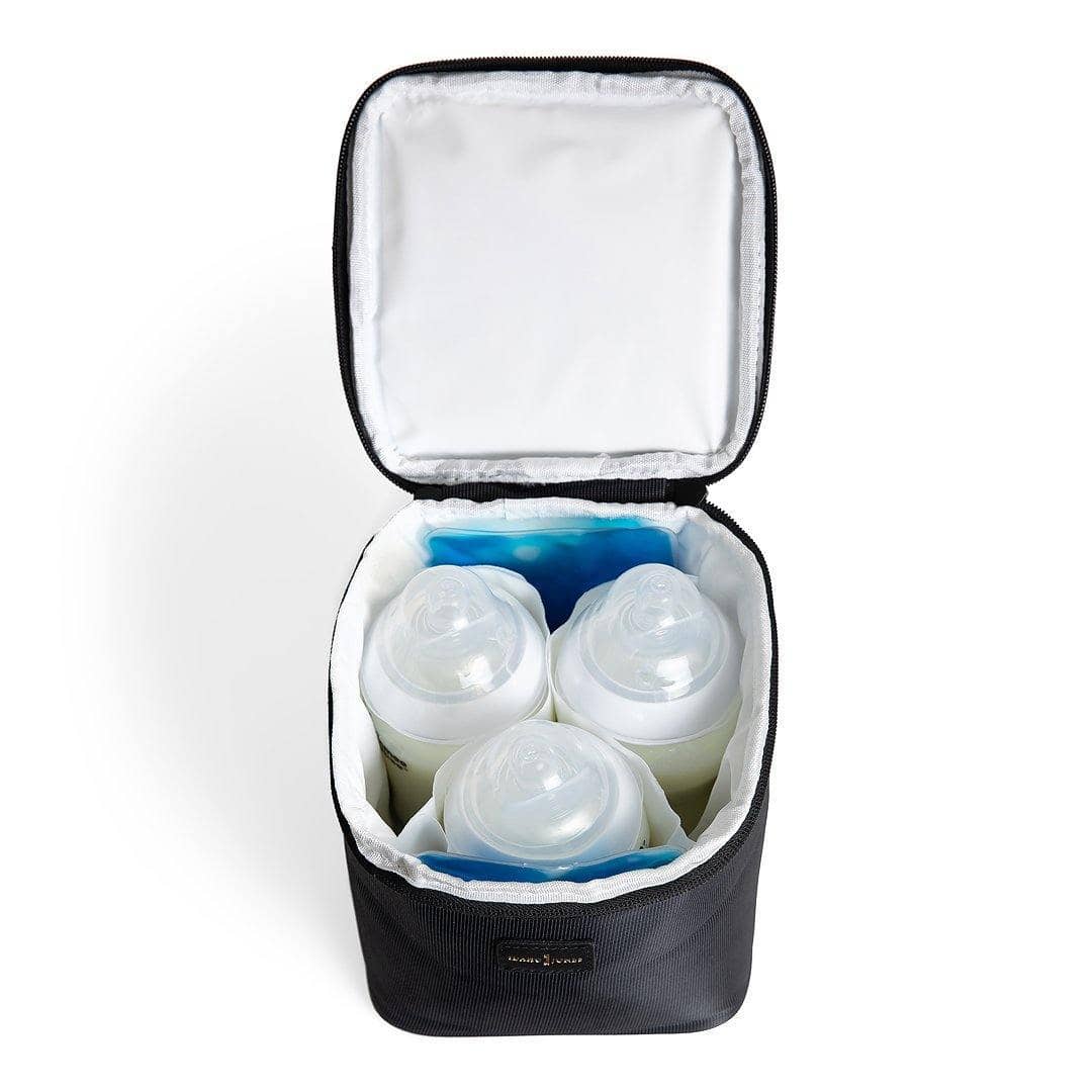 idaho jones lysia breast milk cooler bag with three milk bottles and two ice packs